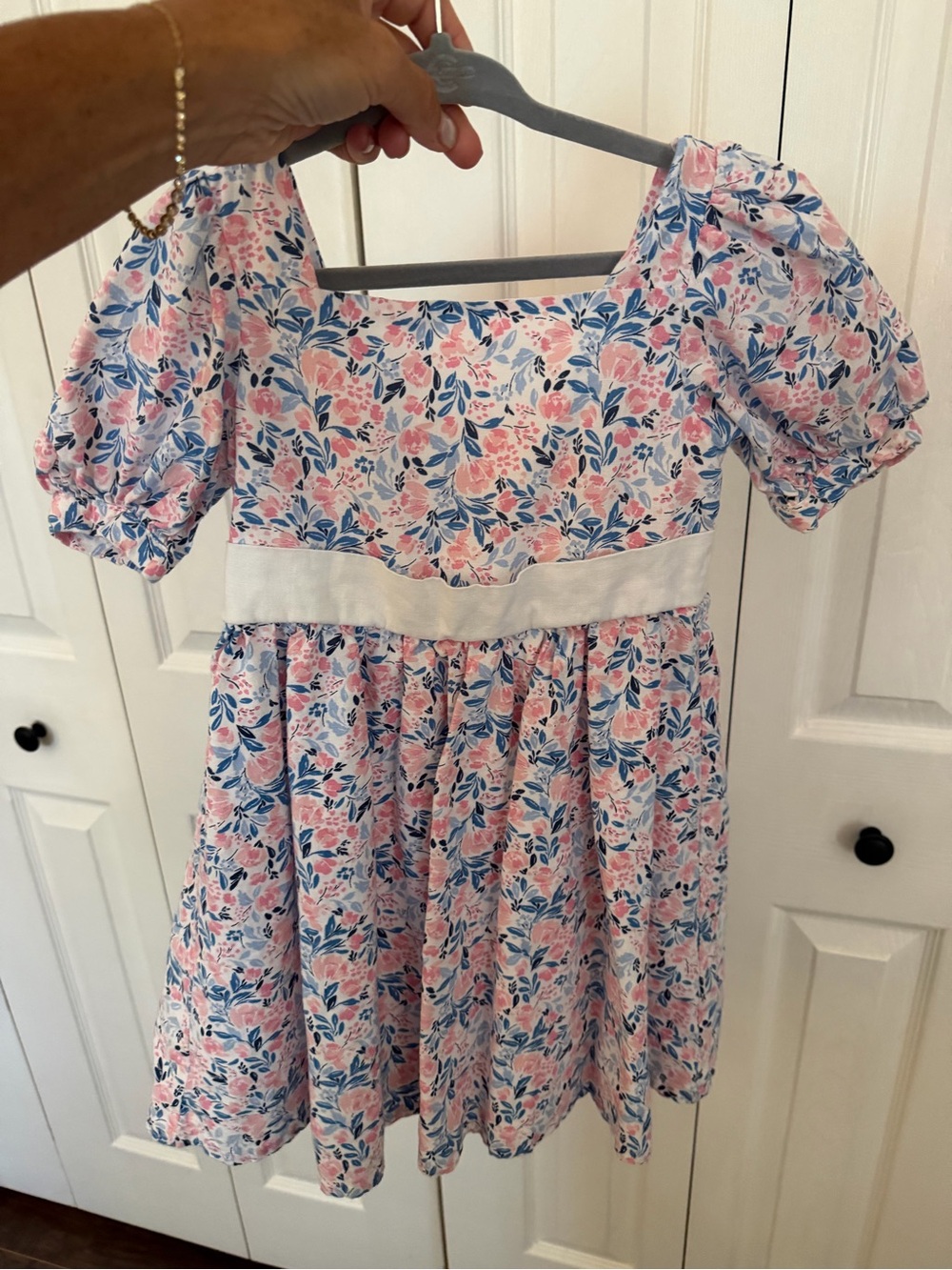 Girls Pink & Blue Floral Puff-Sleeve Dress with White Waistband-size 4